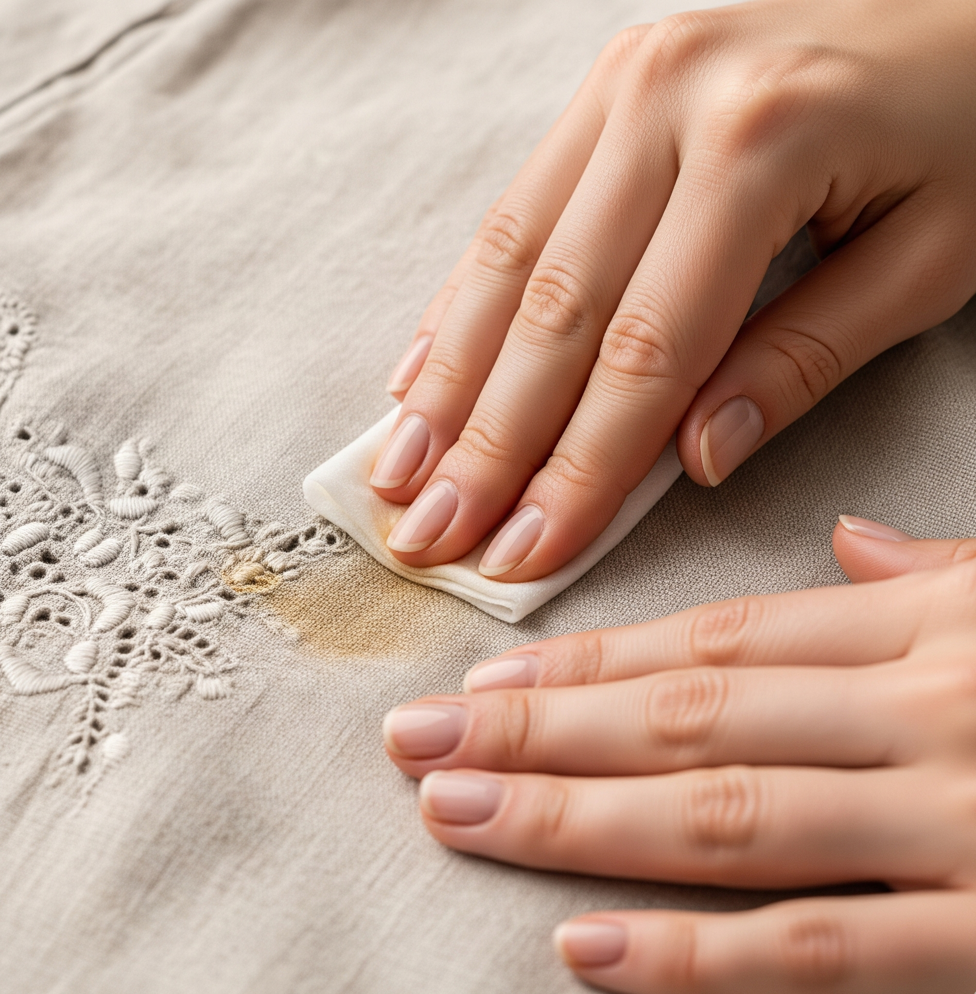 A Close Up Shot Of Hands Carefully Spot Treating A Garment.