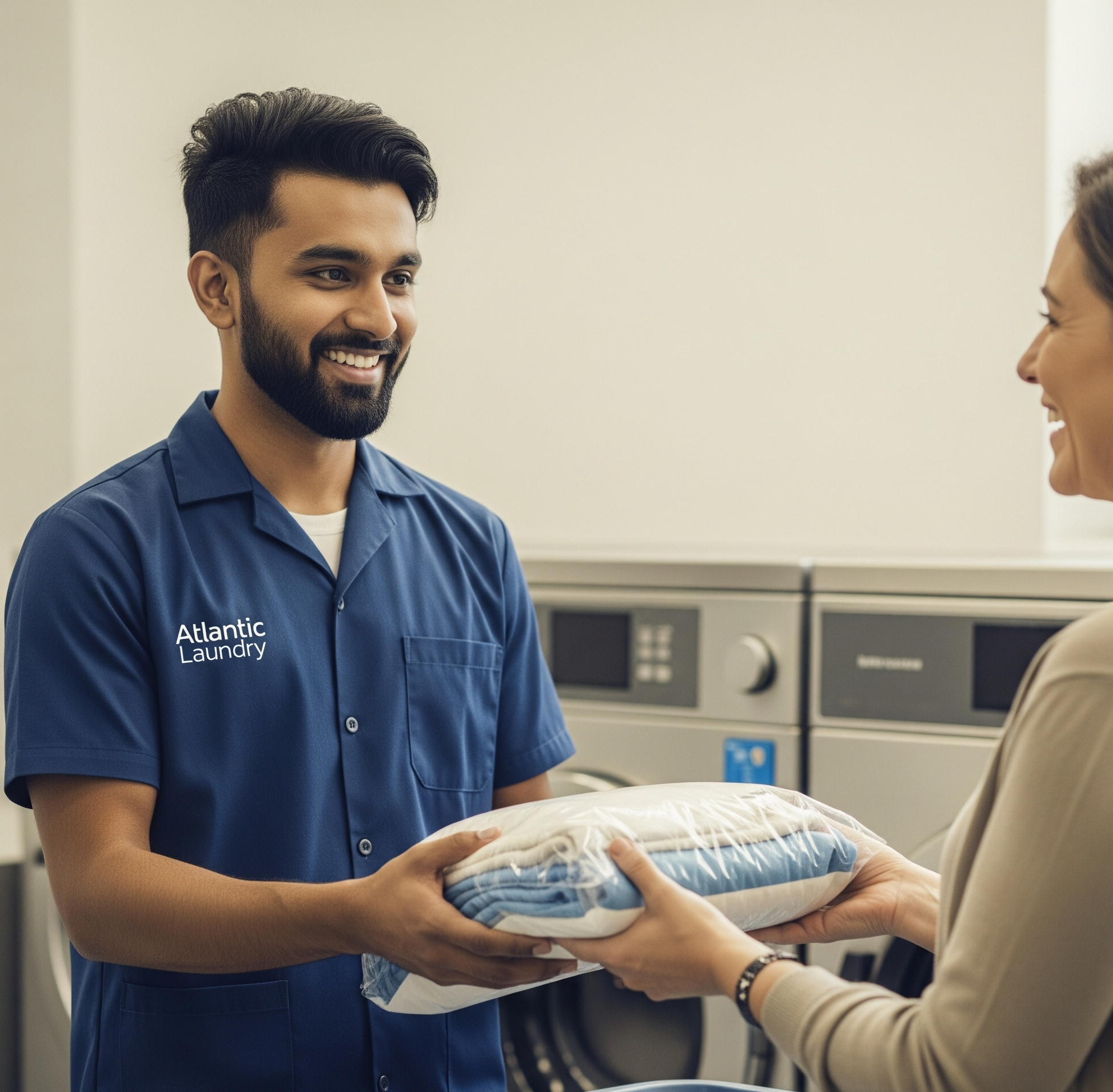 A Warm And Professional Photo Of A Smiling Atlantic Laundry Attendant Handing A Neatly Packaged Bag Of Clean, Folded Laundry To A Happy Customer (1)