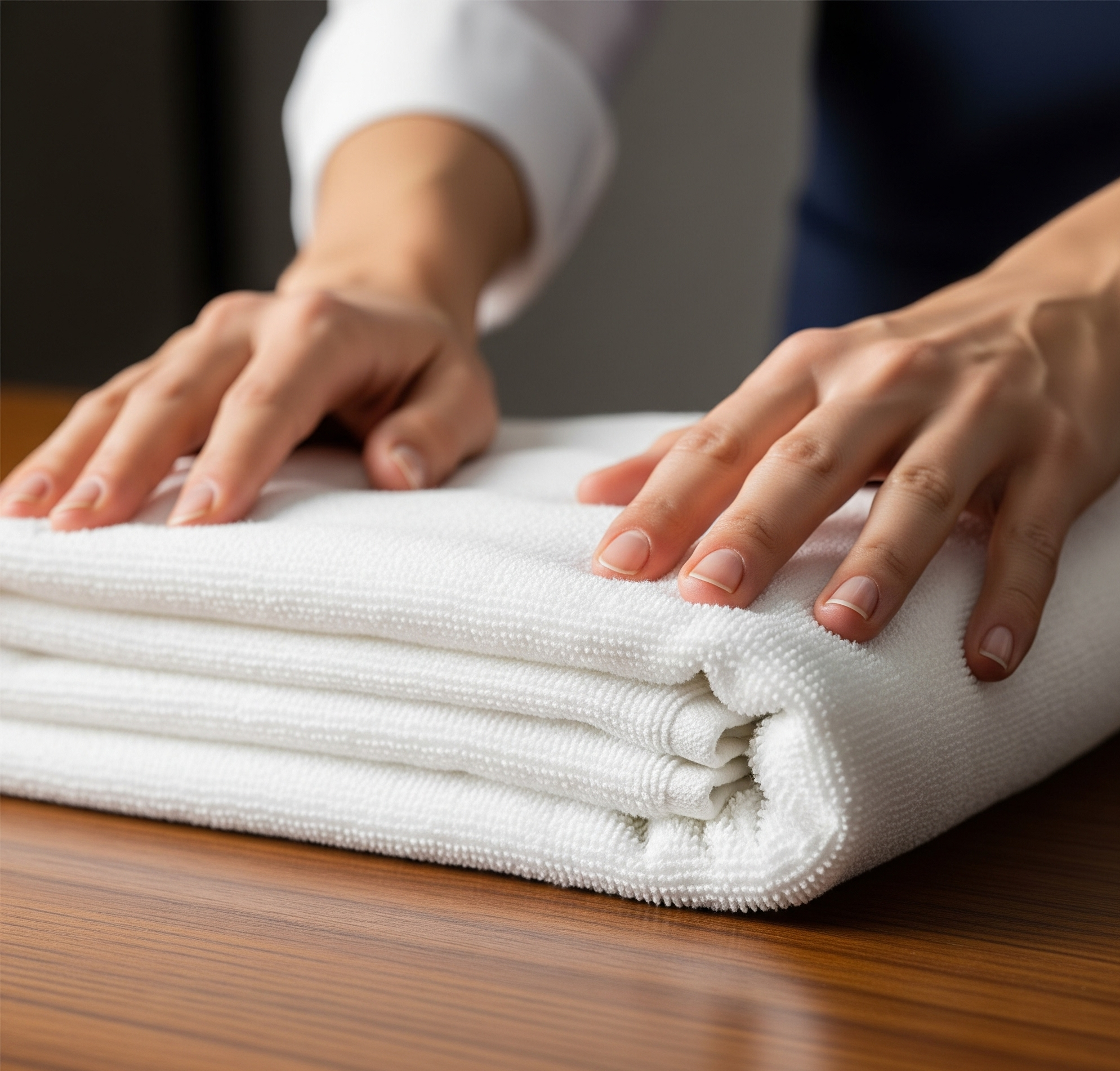 A Close Up, Professional Shot Of Hands Neatly Folding A Crisp, Clean Towel On A Wooden Surface, Showcasing The Care And Quality Of The Wash And Fold