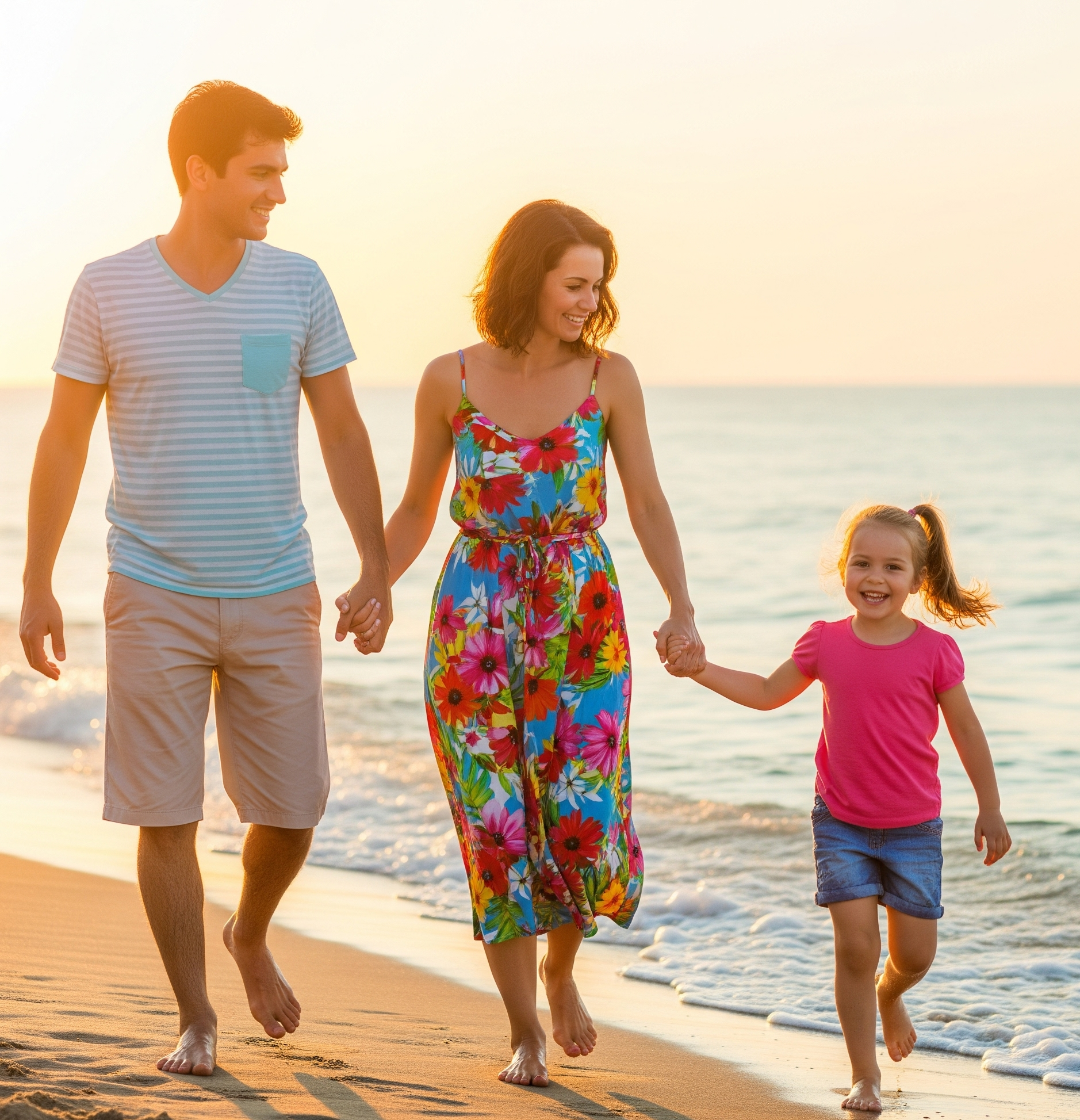 A Bright, Cheerful Photo Of A Young Couple Or Family Enjoying An Outdoor Activity, Like Walking On The Beach